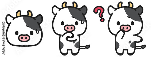Foto 困る、はてなマークを出している牛のイラストセット