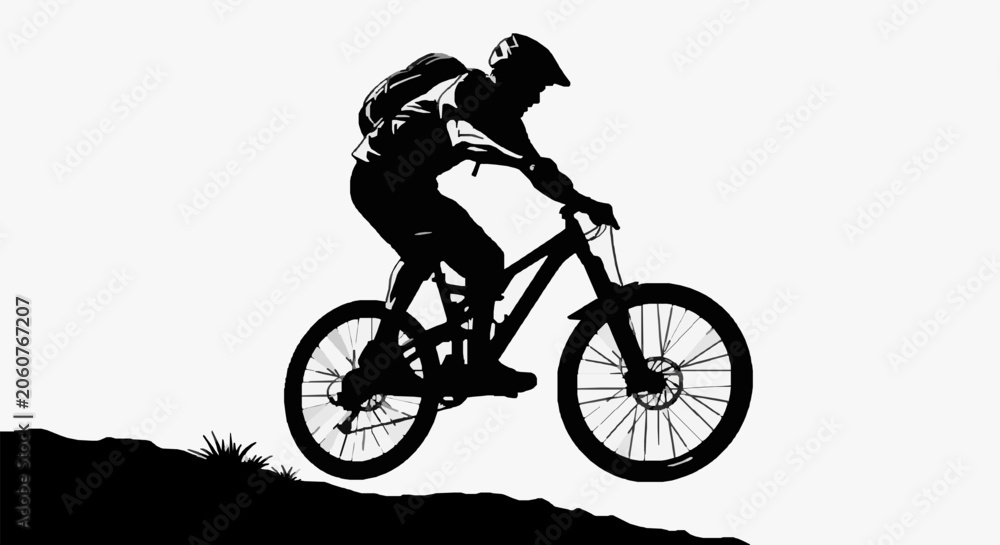 Obraz premium Mountain Biker Leaping Cliffside.
