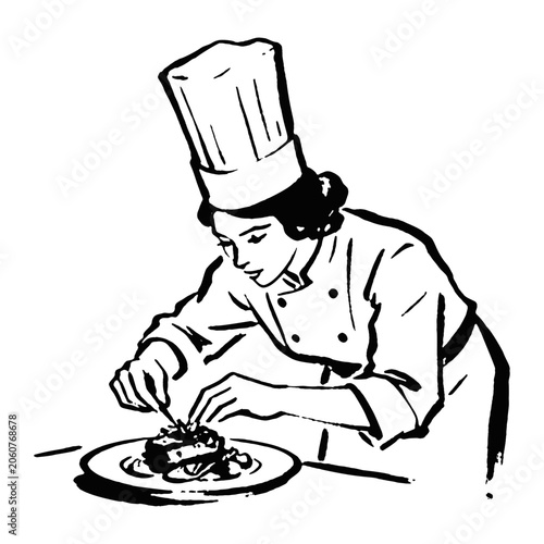 Female chef garnishing gourmet dish restaurant