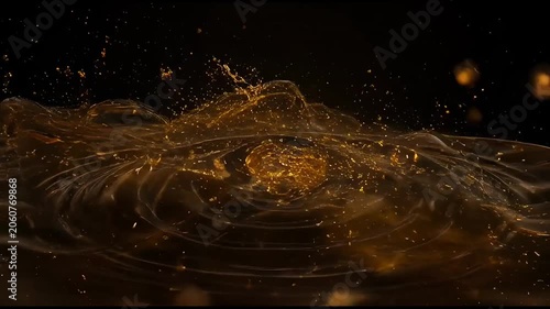 Gold liquid splashing and swirling in dark fluid motion