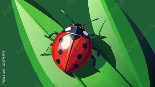 Foto Vector ladybug, red beetle, black spots, green leaf, insect illustration