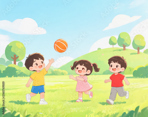 Three cheerful children play basketball on a sunny grassy outdoor field surrounded by trees and hills, enjoying a fun game together.