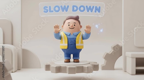 Animated figure encouraging relaxation against white backdrop