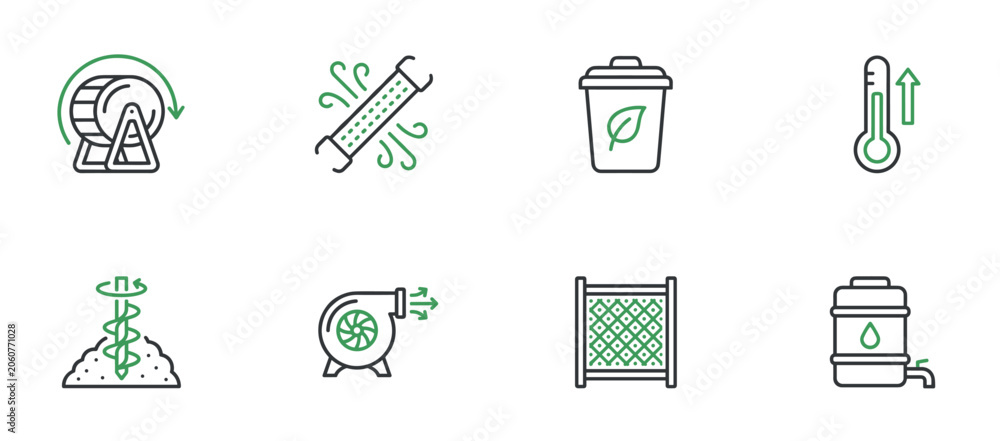 Fototapeta premium Set of composting and recycling icons illustrating equipment and processes for organic waste management, including a tumbler, aerator, bin, and thermometer in a clean two-color line art style