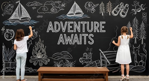 Two young girls drawing outdoor adventure scenes with chalk on a large black wall