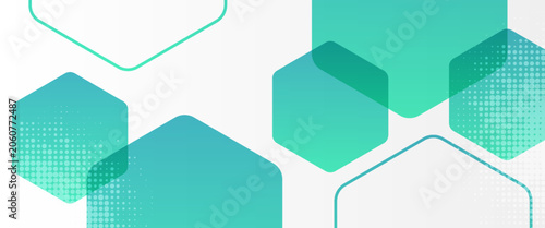 Abstract white background with turquoise green hexagon shapes and halftone dots effect minimal geometric tech banner for medical corporate business presentation vector