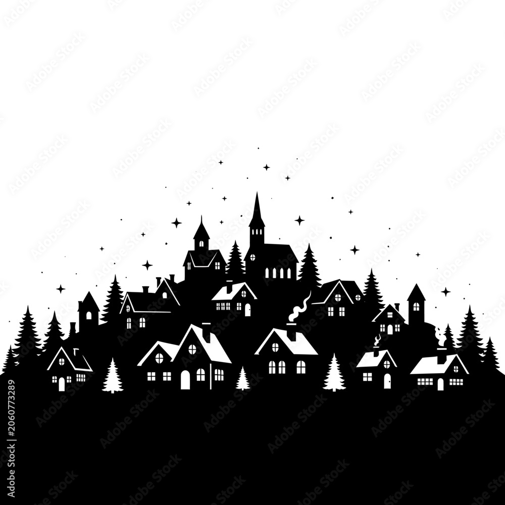 Fototapeta premium Black silhouette of village.