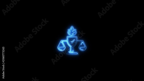Neon blue scales of justice with leaf on symbolizing eco friendly law and balance