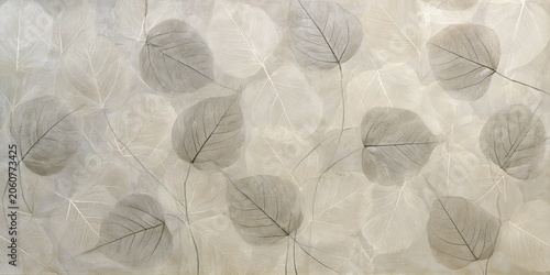 Muted Light Grey Cream Background Stylized Translucent Leaf Pattern Intricate Venation Artfully Layered Contemporary Minimalist Serene Naturalistic