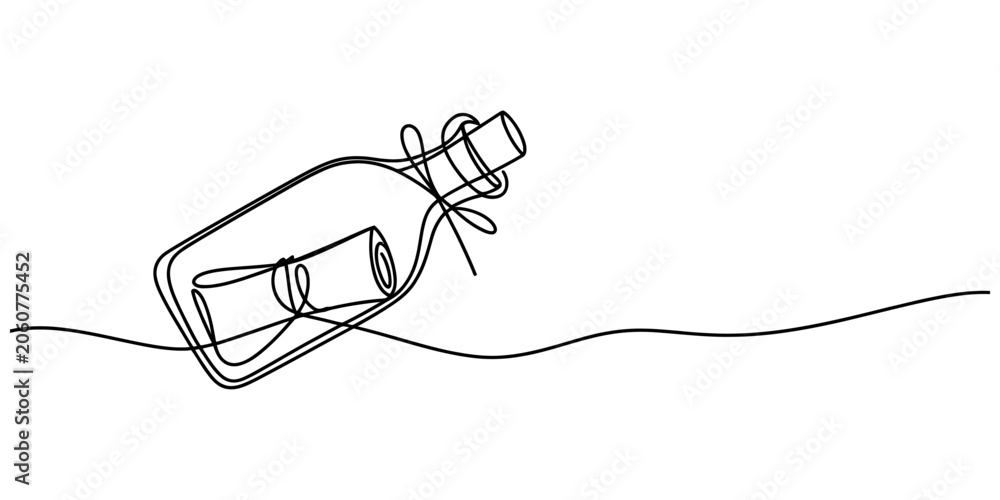 Fototapeta premium Continuous single line drawing of a message in a glass bottle floating on sea waves Vector, illustration
