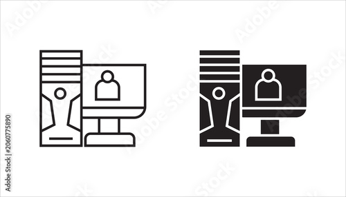 Minimal desktop computer user line icon isolated on background. Suitable for user accounts, computer systems, IT services, digital workstations, and technology concepts.