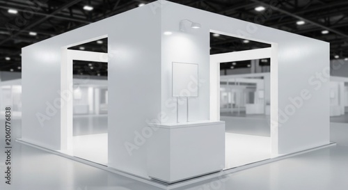 A clean, modern, and empty white exhibition booth ready for a trade show event in a large hall.