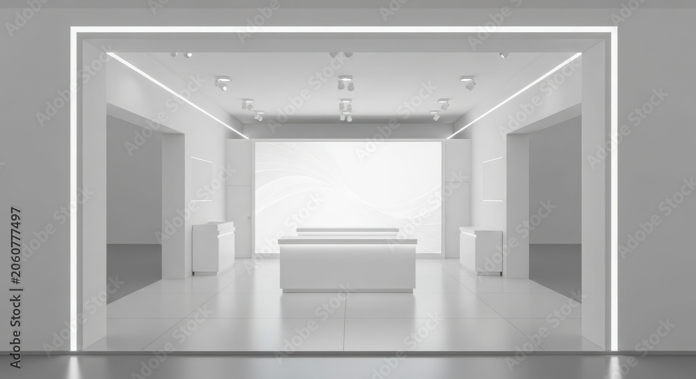 Fototapeta premium Modern minimalist empty white retail store interior with bright lighting and central counter.