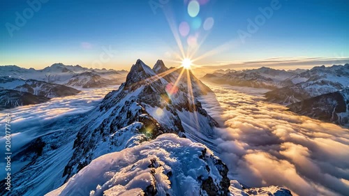 Snow-capped mountains pierce the sky at sunrise above clouds
