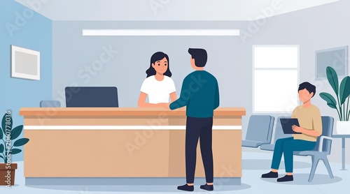 Reception desk scene with a receptionist assisting a patient in a modern medical clinic waiting area