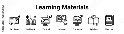 Photos Learning Materials web banner icon vector illustration concept for education with icon of Textbook, Workbook, Tutorial, Manual, Curriculum