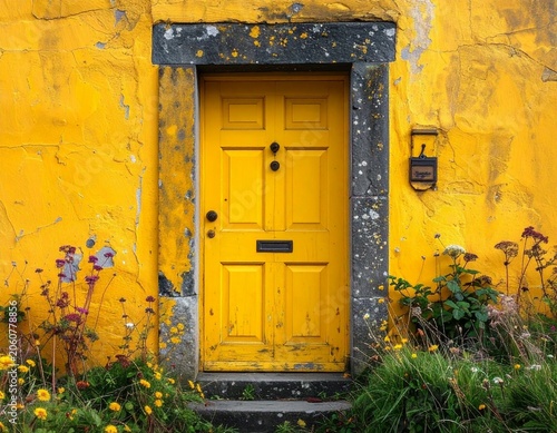 Bright yellow door with flowers