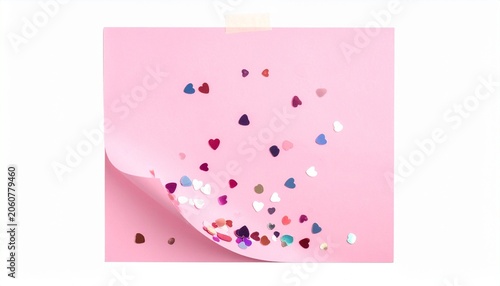Pink background with colorful heart shaped confetti, festive celebration decorations, valentine's day party supplies, love theme decor