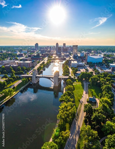City skyline over river and bridge