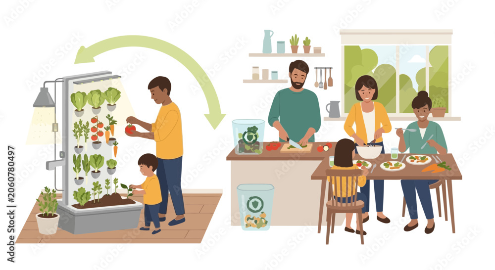 Fototapeta premium Family Healthily Growing and Eating Fresh Produce From Vertical Garden