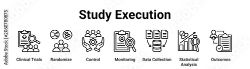 Foto Study Execution web banner icon vector illustration concept for education with icon of Clinical Trials, Randomize, Control, Monitoring, Data Collection, Statistical