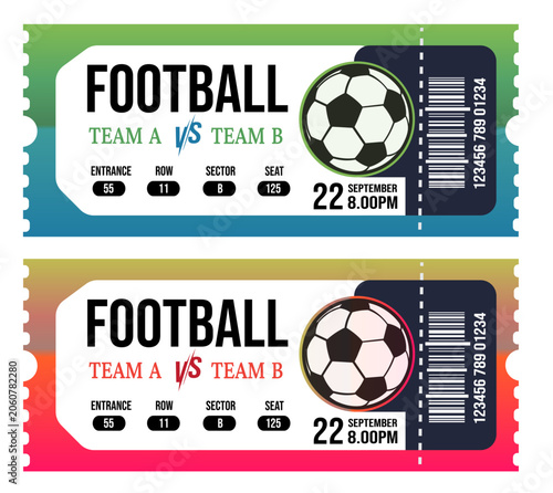Football tickets, soccer match tickets, sports event templates set illustration mockup blank 