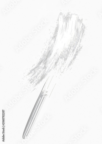 Brush stroke of white paint streaks against a stark black backdrop with a pen