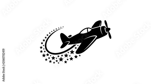 Vintage Airplane Flying Through Night Sky with Stars.