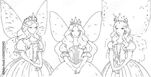 Obraz na plátne Three elegant fairy queens with crowns and delicate wings in a regal pose agains