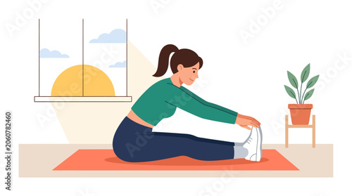 Woman Performing Yoga Stretch Exercise Indoors on Mat.