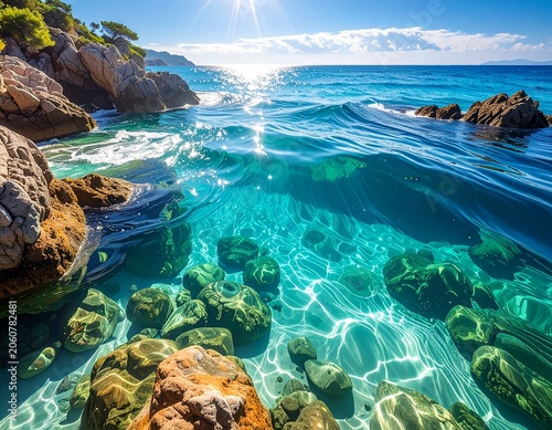 Crystal clear ocean vista, split view