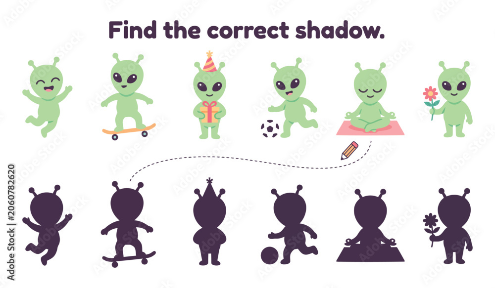 Fototapeta premium Alien Shadow Match Educational Game for Kids Cartoon Illustration Isolated on White