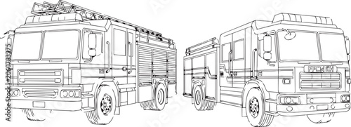 Obraz na plátně Two line art fire engines side by side in a clean white studio setting conceptua