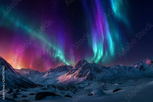 Northern lights above snowy wilderness, colorful aurora dancing across the sky, photorealistic night landscape photography.