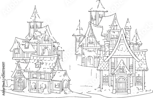 Whimsical European village buildings in detailed line art with enchanting architectural elements and a fantasy concept