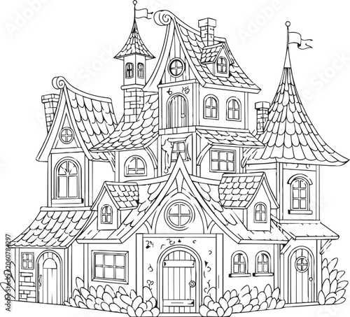 Whimsical fairytale castle line drawing with intricate details and surrounding foliage for creative design