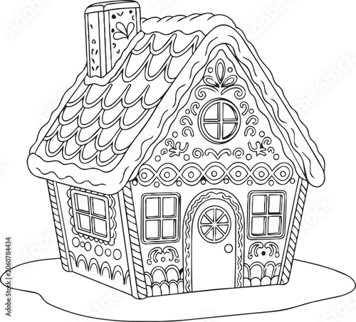 Whimsical Gingerbread House outline with decorative icing and snow details for festive holiday coloring pages