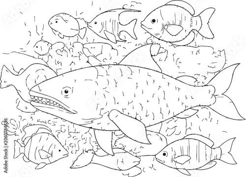 Whimsical shark and small fish swimming in bubbly ocean depths during daytime