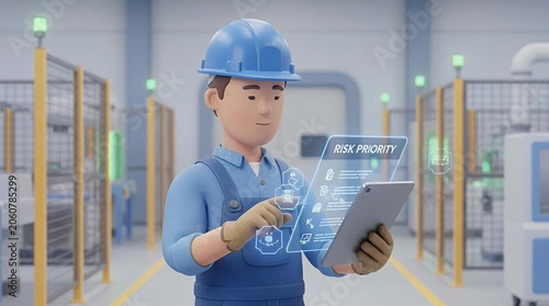 Factory worker analyzing data on tablet in production facility