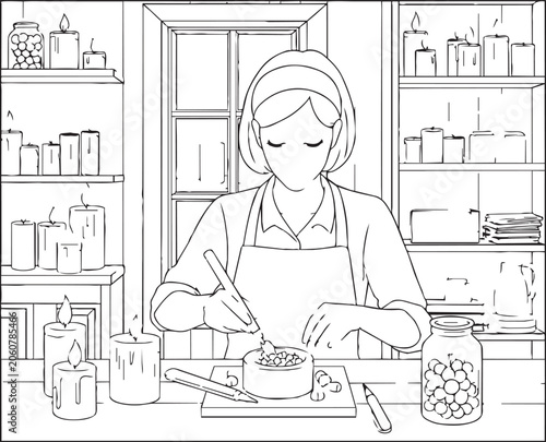 Woman crafting candles in a workshop with shelves full of assorted candles and jars