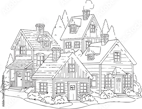 Wood House Village Exterior Line Drawing Architectural Concept with Trees and Path