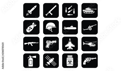 Military Icons Set Flat Design Black Squares White Symbols Isolated on White Background