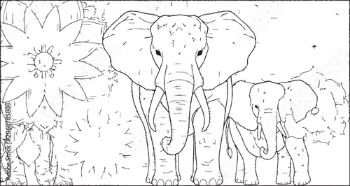 African elephants with large ears and tusks stand in a savanna landscape with a stylized sun flower illustration