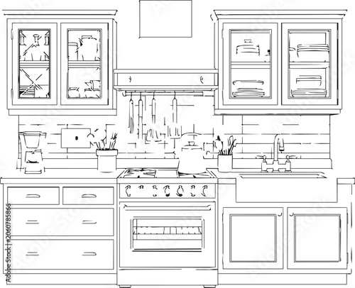 Architectural blueprint sketch of a modern kitchen interior design with cabinetry and appliances