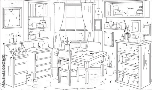 Artist's studio interior with desk chairs and shelves filled with supplies during daylight
