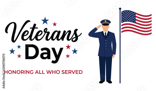 Veterans Day Military Man Saluting American Flag Flat Illustration on White Background Honoring All Who Served