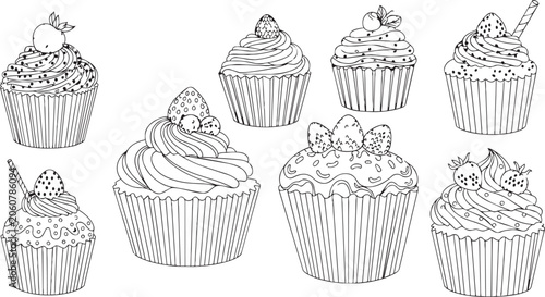 Assorted line art cupcakes with fruit toppings isolated on white for sweet baking design