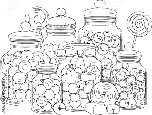 Assortment of glass jars filled with candies and lollipops against a white backdrop