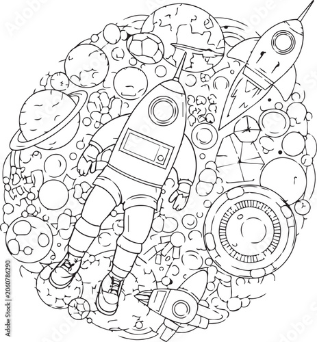 Astronaut floating with rockets and planets during a cosmic journey in a doodle style line drawing