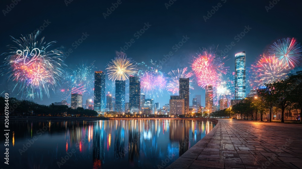 Fototapeta premium City Skyline During Fireworks Celebration at Night with Tall Buildings Reflected on Water